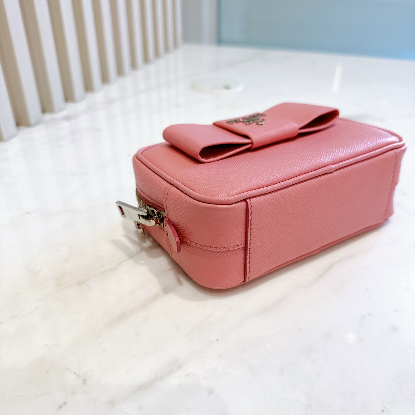 Prada Saffiano Fiocco Bow Camera Crossbody Bag in Pink