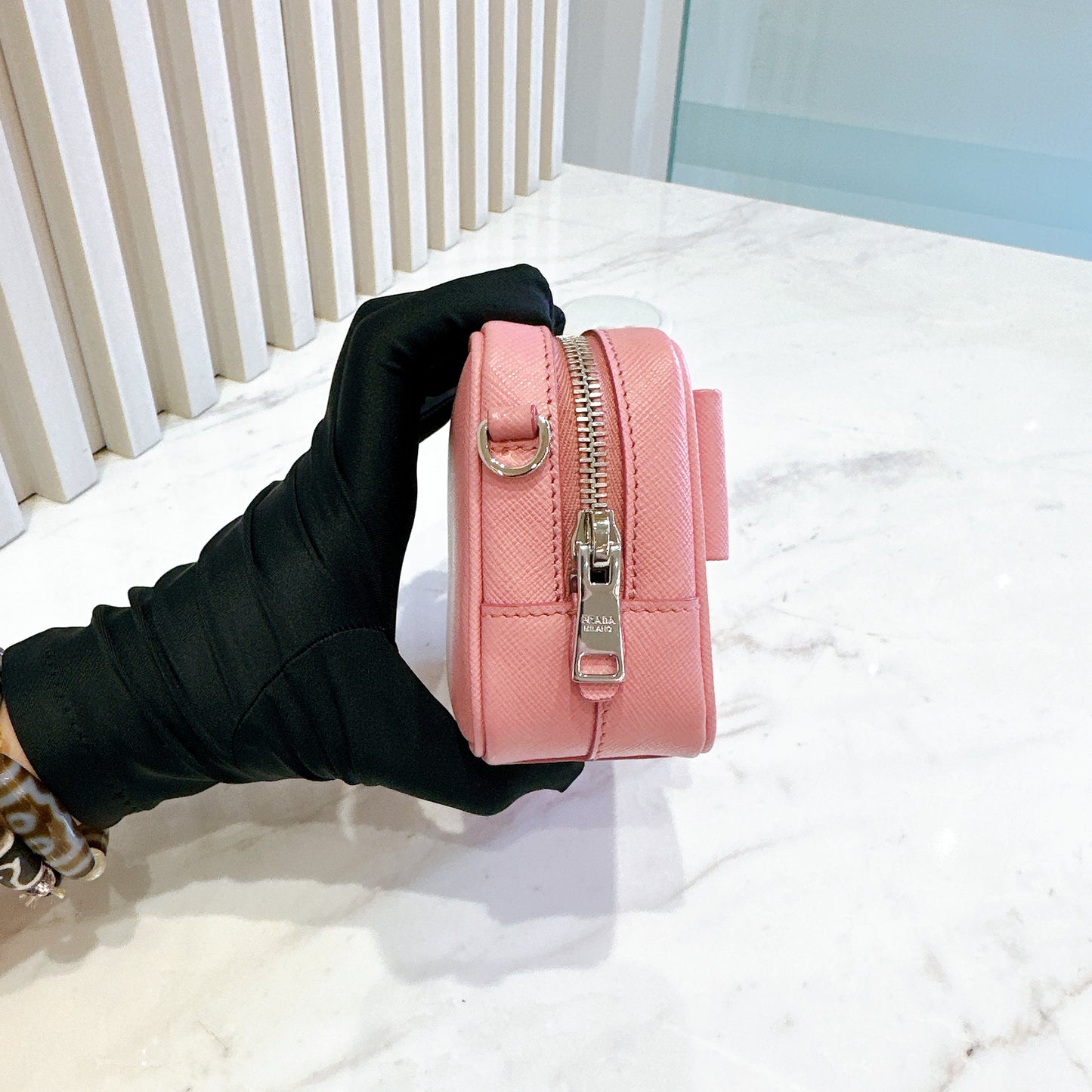 Prada Saffiano Fiocco Bow Camera Crossbody Bag in Pink
