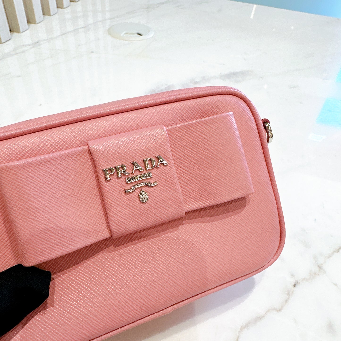 Prada Saffiano Fiocco Bow Camera Crossbody Bag in Pink