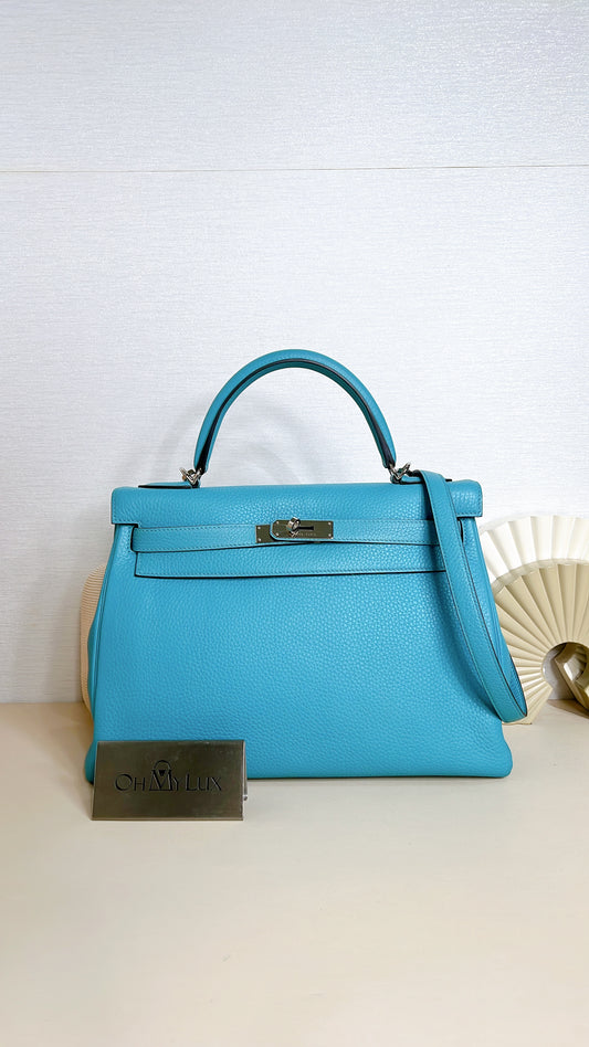 Hermes Kelly 32 Blue Atoll Clemence Leather SHW