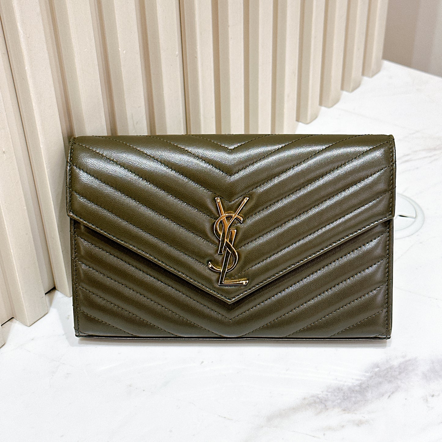 YSL Wallet On Chain Lambskin in Olive Wood