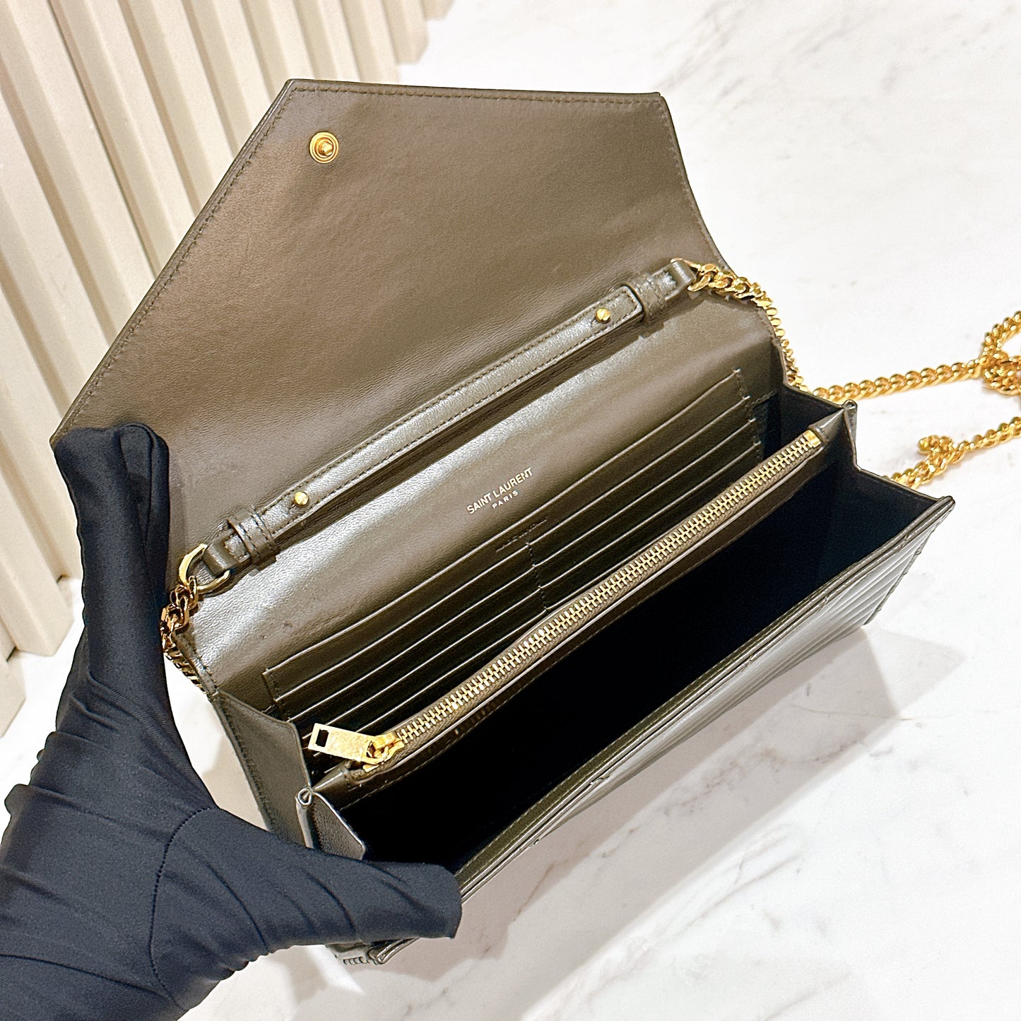 YSL Wallet On Chain Lambskin in Olive Wood