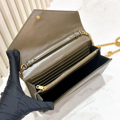 YSL Wallet On Chain Lambskin in Olive Wood