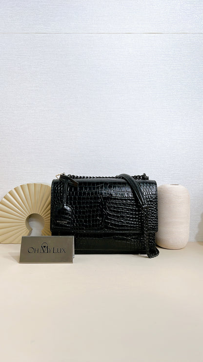 YSL Sunset Medium in Black Croc Embrossed