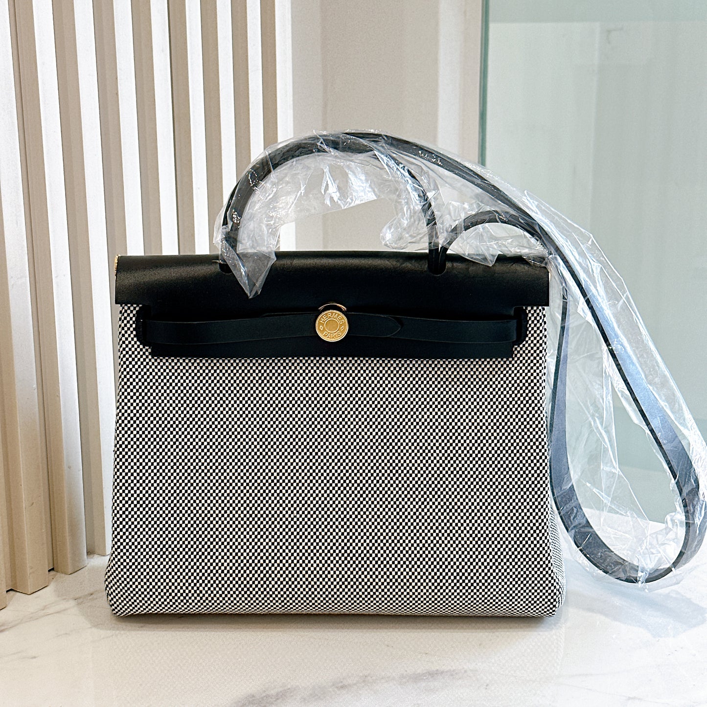 Hermes Herbag Zip PM 31 Ecru/Blanc/Black Toile Quadrille Viking & Vache Hunter