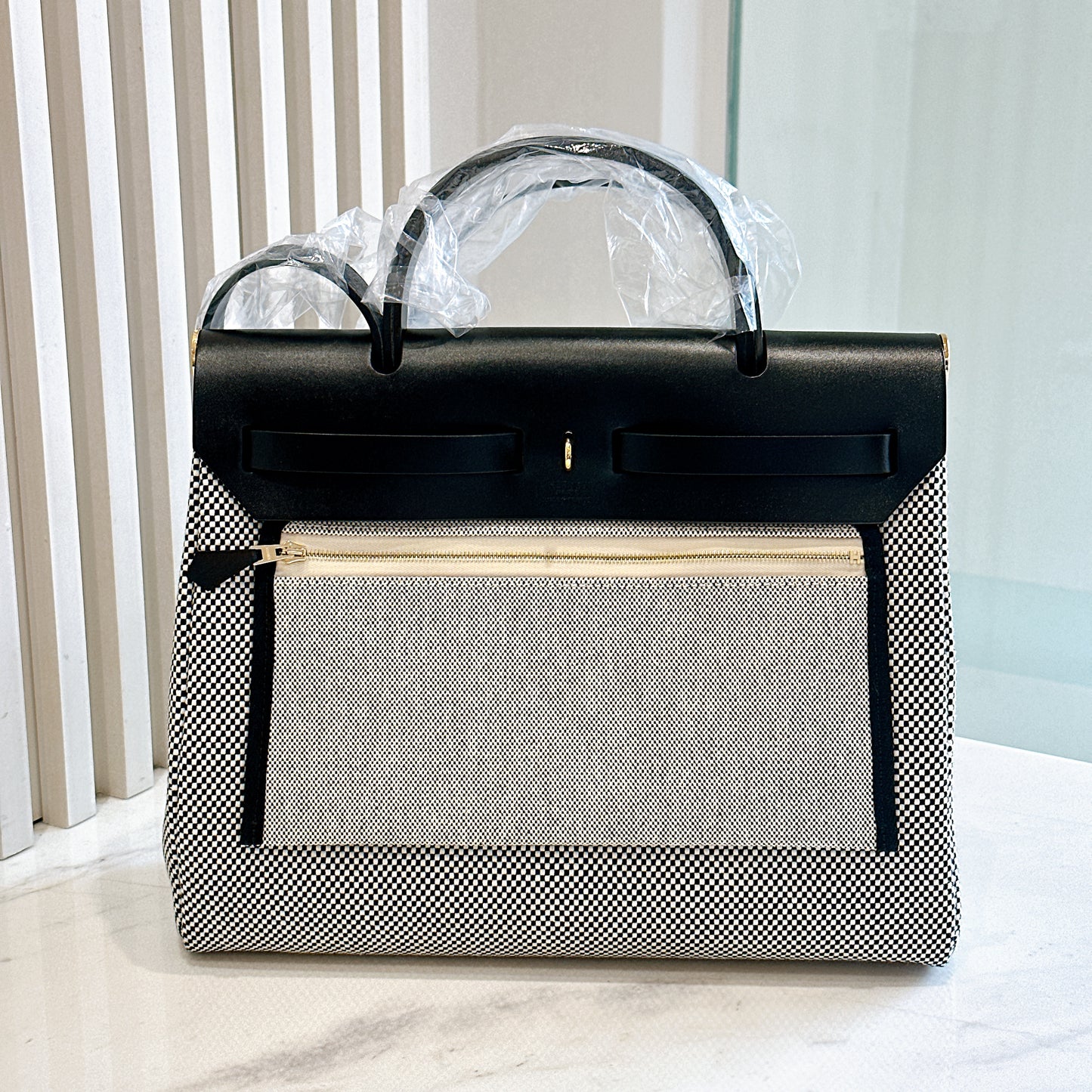 Hermes Herbag Zip PM 31 Ecru/Blanc/Black Toile Quadrille Viking & Vache Hunter