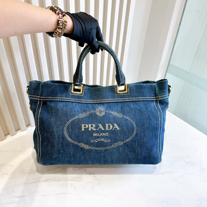 Prada Logo Jacquerd Blue Denim 2 Way Bag