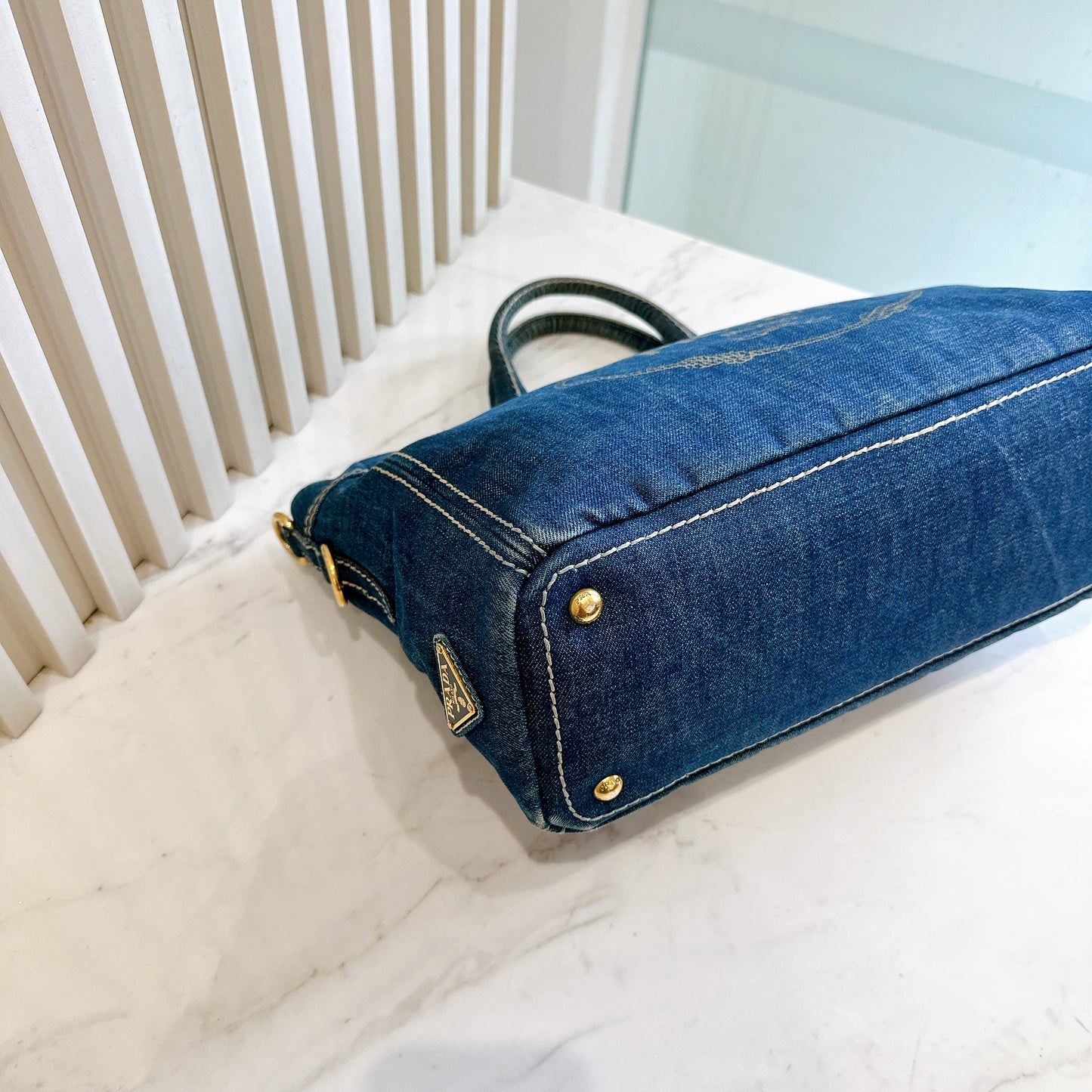 Prada Logo Jacquerd Blue Denim 2 Way Bag
