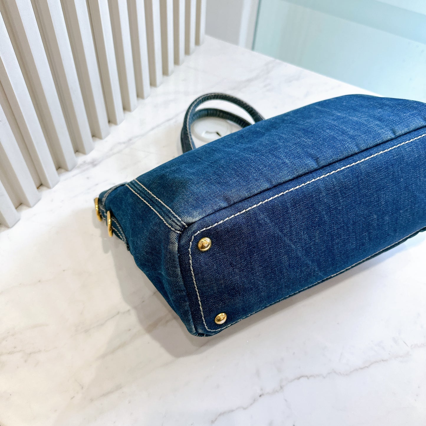 Prada Logo Jacquerd Blue Denim 2 Way Bag