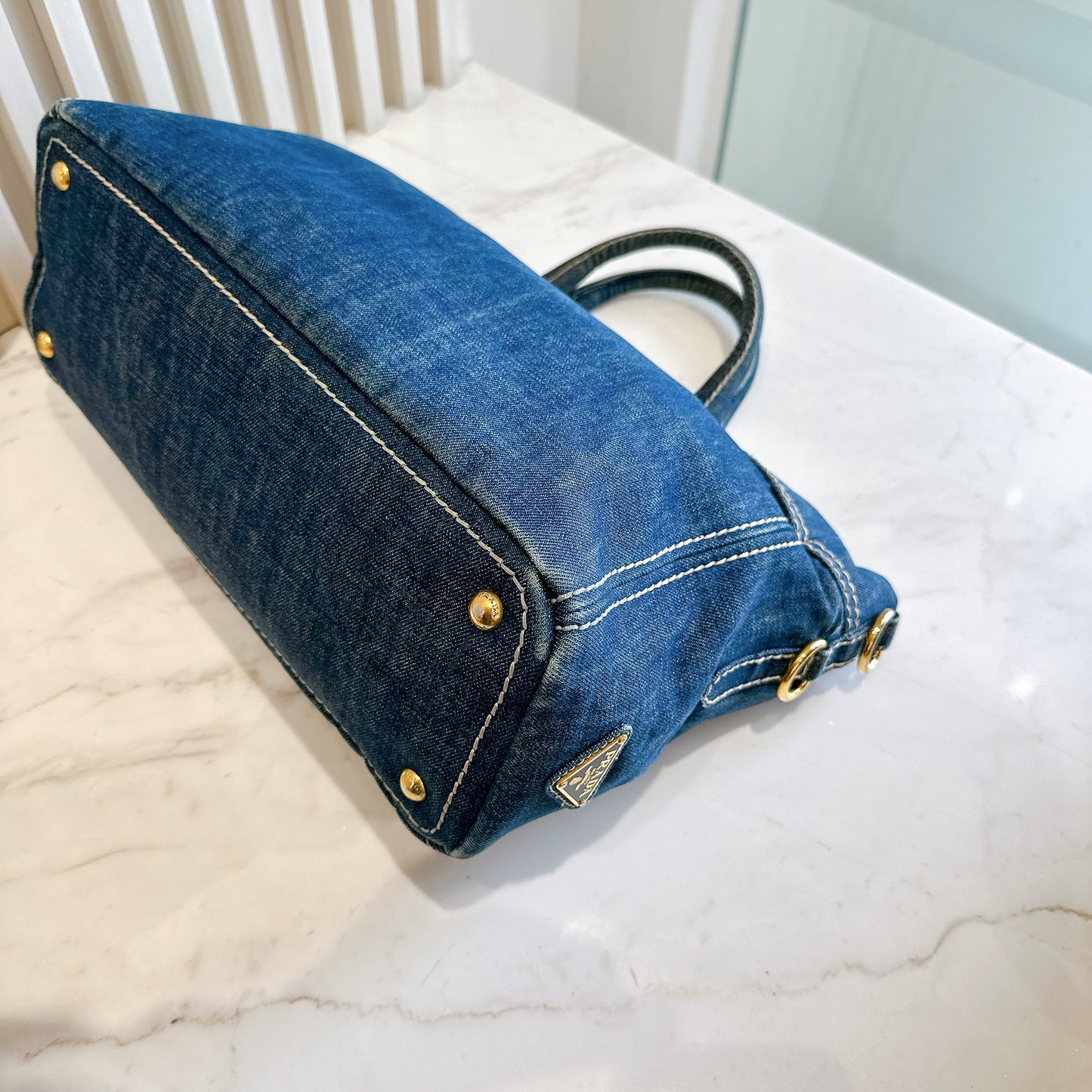 Prada Logo Jacquerd Blue Denim 2 Way Bag