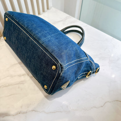 Prada Logo Jacquerd Blue Denim 2 Way Bag