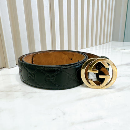 Gucci Guccissima Interlocking Belt in Black GHW