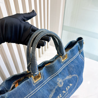 Prada Logo Jacquerd Blue Denim 2 Way Bag
