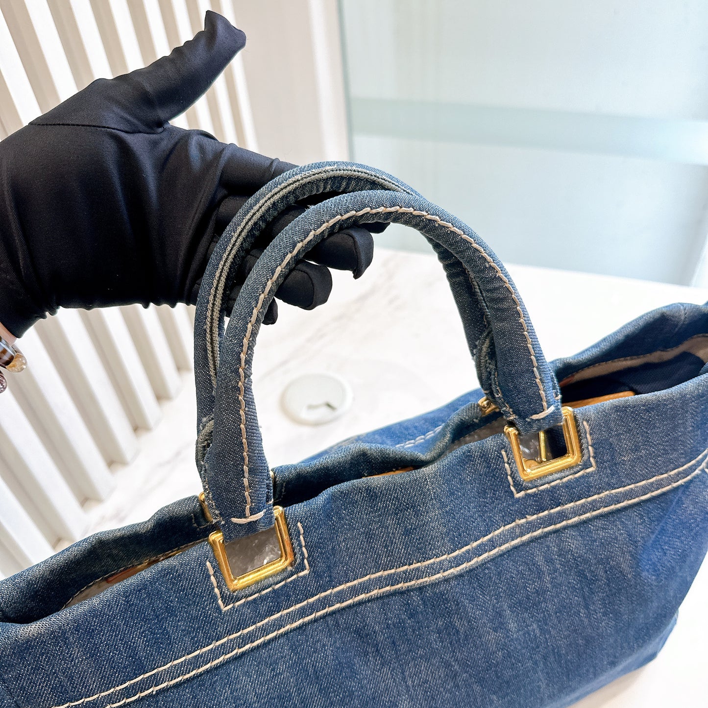 Prada Logo Jacquerd Blue Denim 2 Way Bag