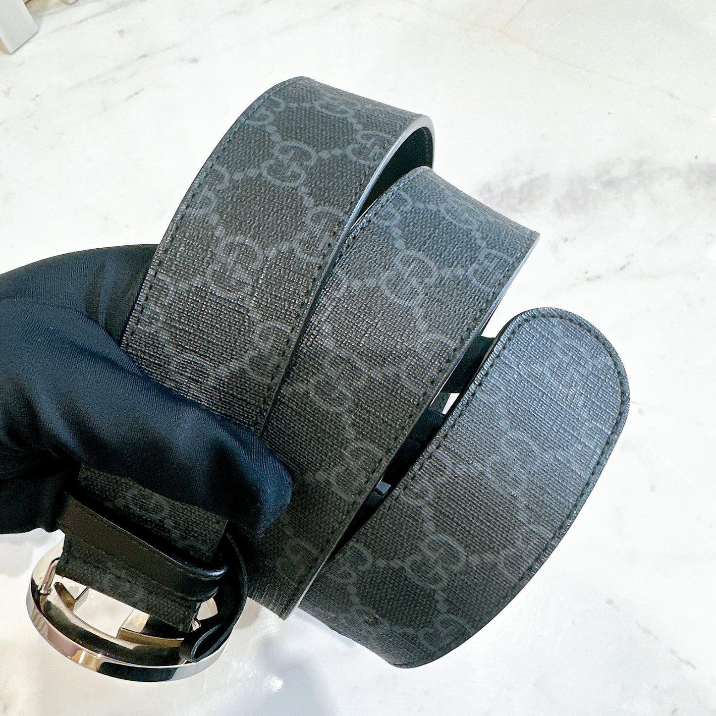 Gucci Supreme Canvas G Logo Belt in Black SHW