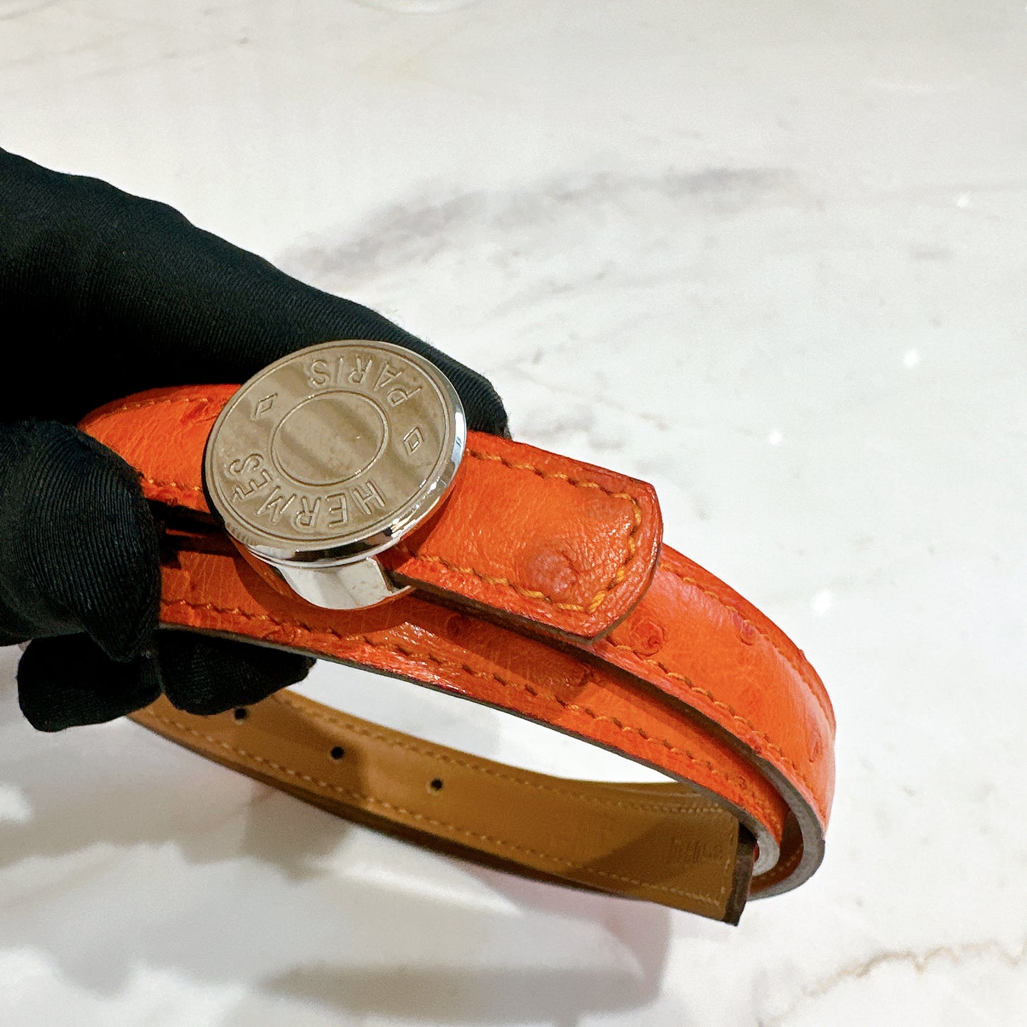 Hermes Ostrich Belt in Orange SHW