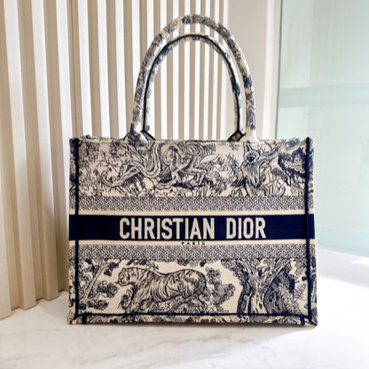 Dior Medium Book Tote in Ecru and Blue Toile De Jouy Embroidery