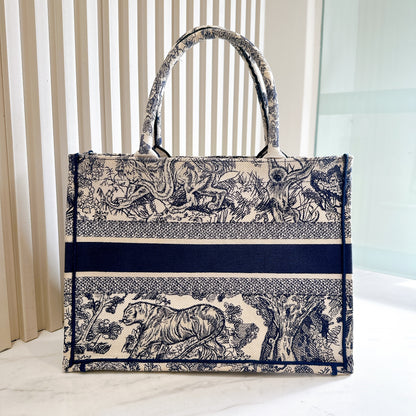 Dior Medium Book Tote in Ecru and Blue Toile De Jouy Embroidery