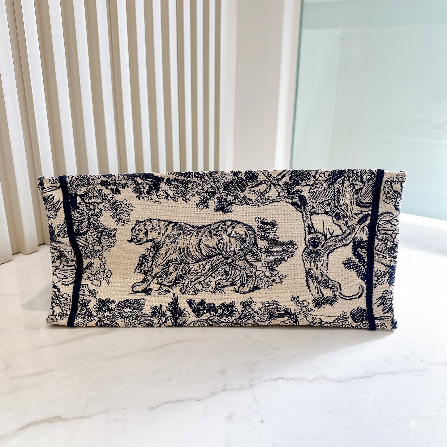 Dior Medium Book Tote in Ecru and Blue Toile De Jouy Embroidery