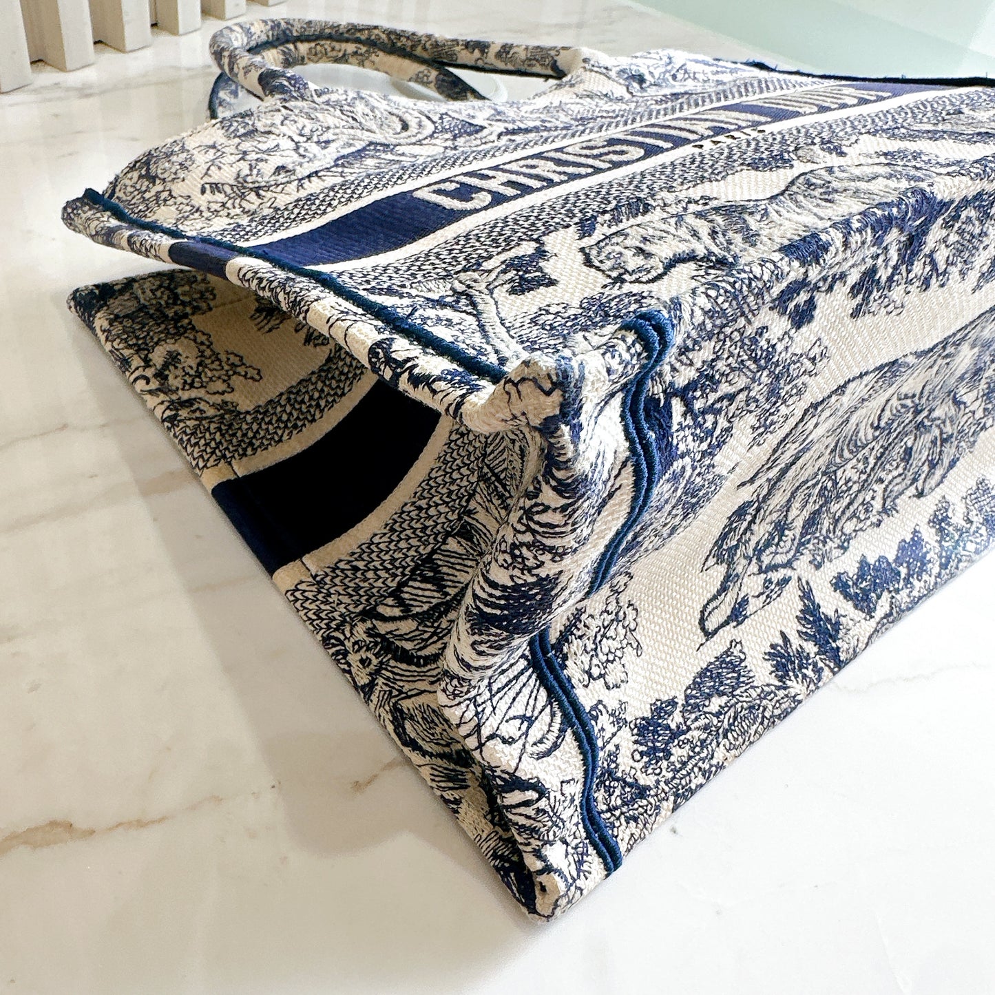 Dior Medium Book Tote in Ecru and Blue Toile De Jouy Embroidery