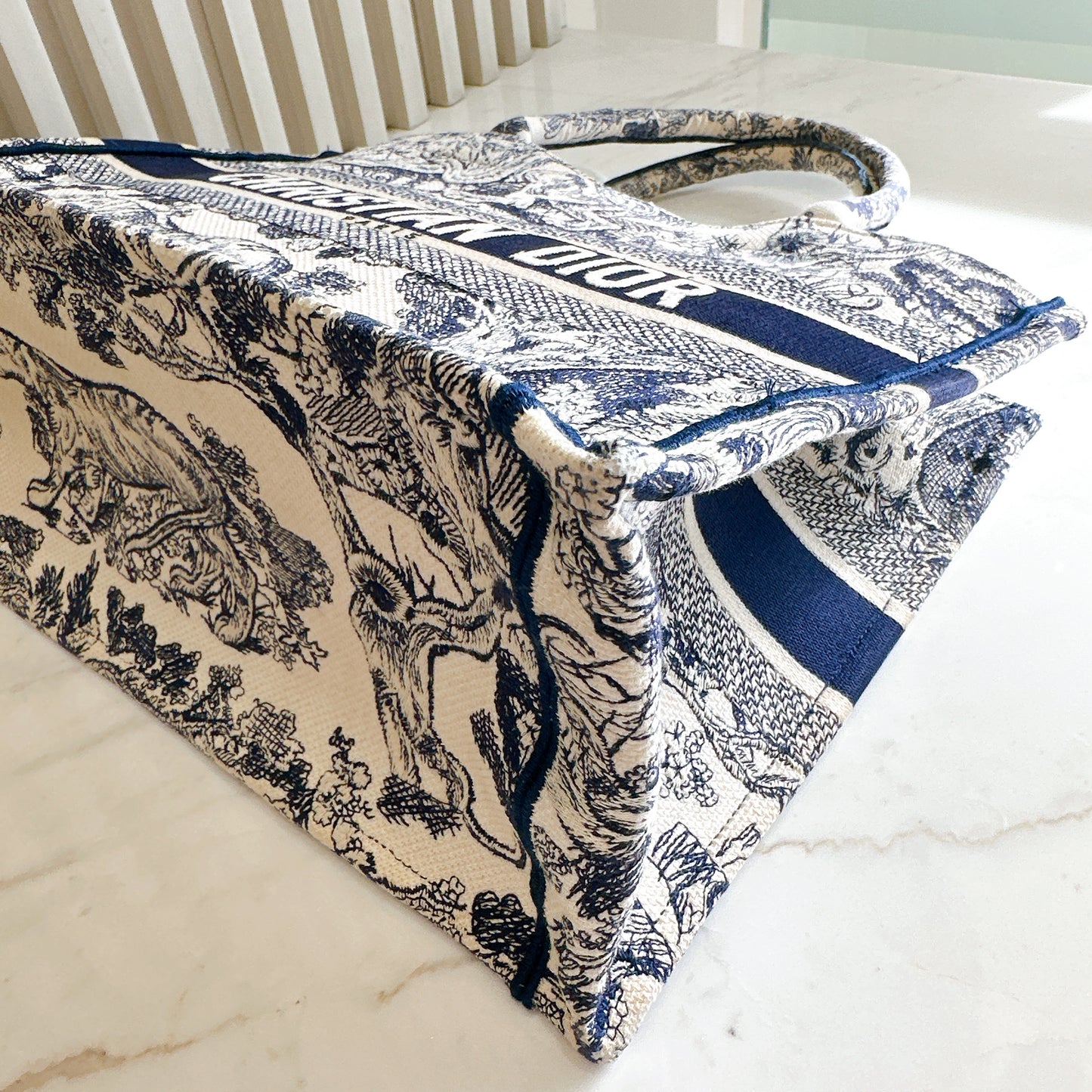 Dior Medium Book Tote in Ecru and Blue Toile De Jouy Embroidery