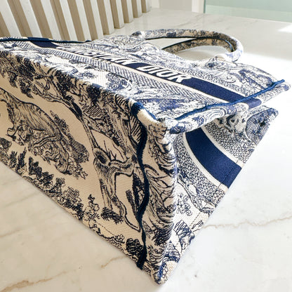 Dior Medium Book Tote in Ecru and Blue Toile De Jouy Embroidery
