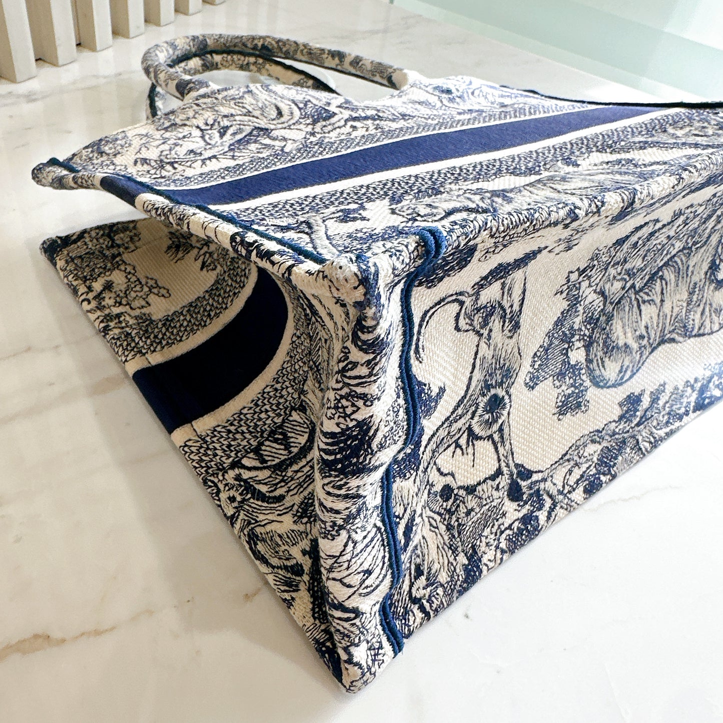 Dior Medium Book Tote in Ecru and Blue Toile De Jouy Embroidery