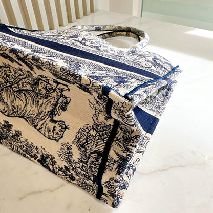 Dior Medium Book Tote in Ecru and Blue Toile De Jouy Embroidery