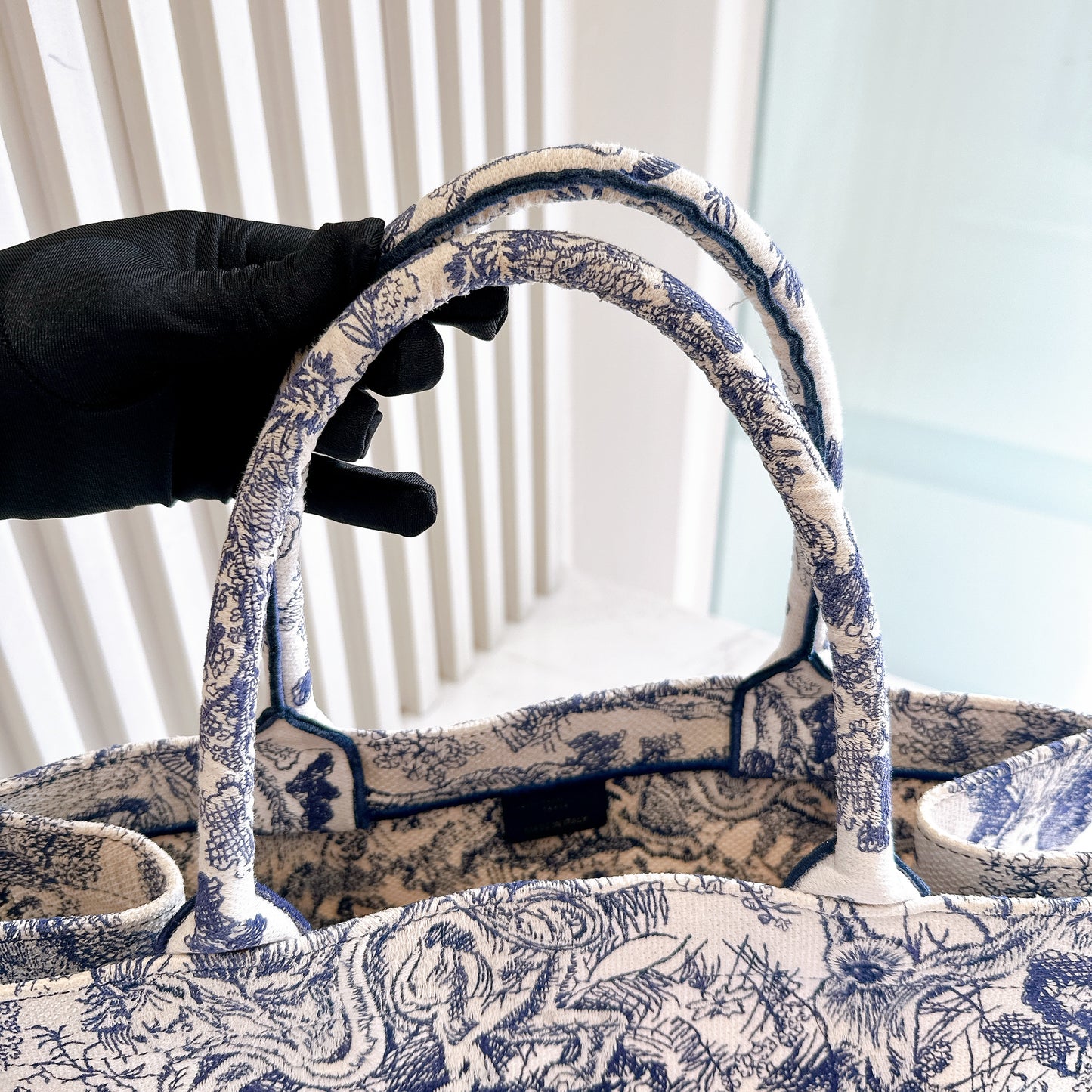 Dior Medium Book Tote in Ecru and Blue Toile De Jouy Embroidery