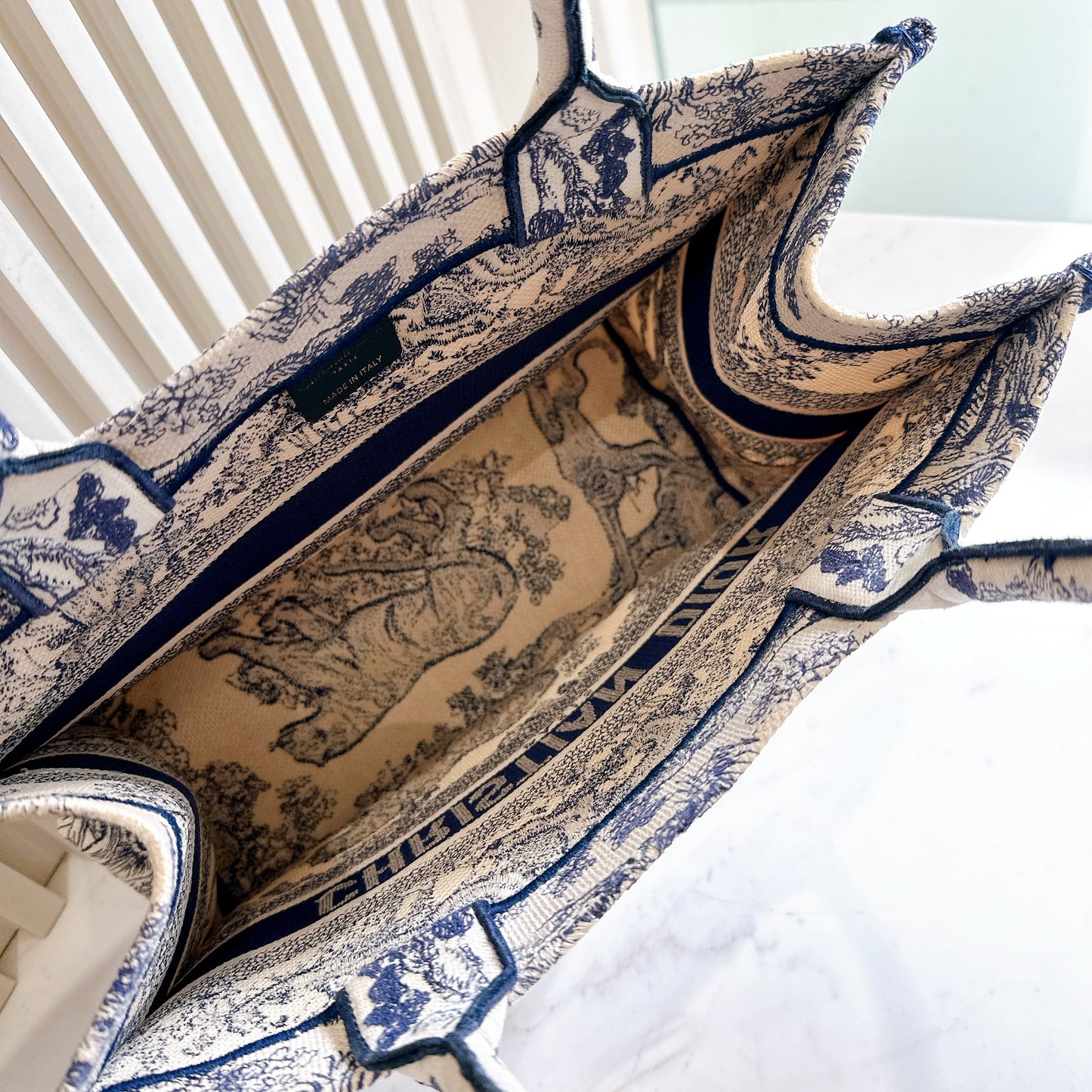 Dior Medium Book Tote in Ecru and Blue Toile De Jouy Embroidery