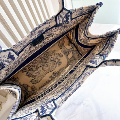 Dior Medium Book Tote in Ecru and Blue Toile De Jouy Embroidery