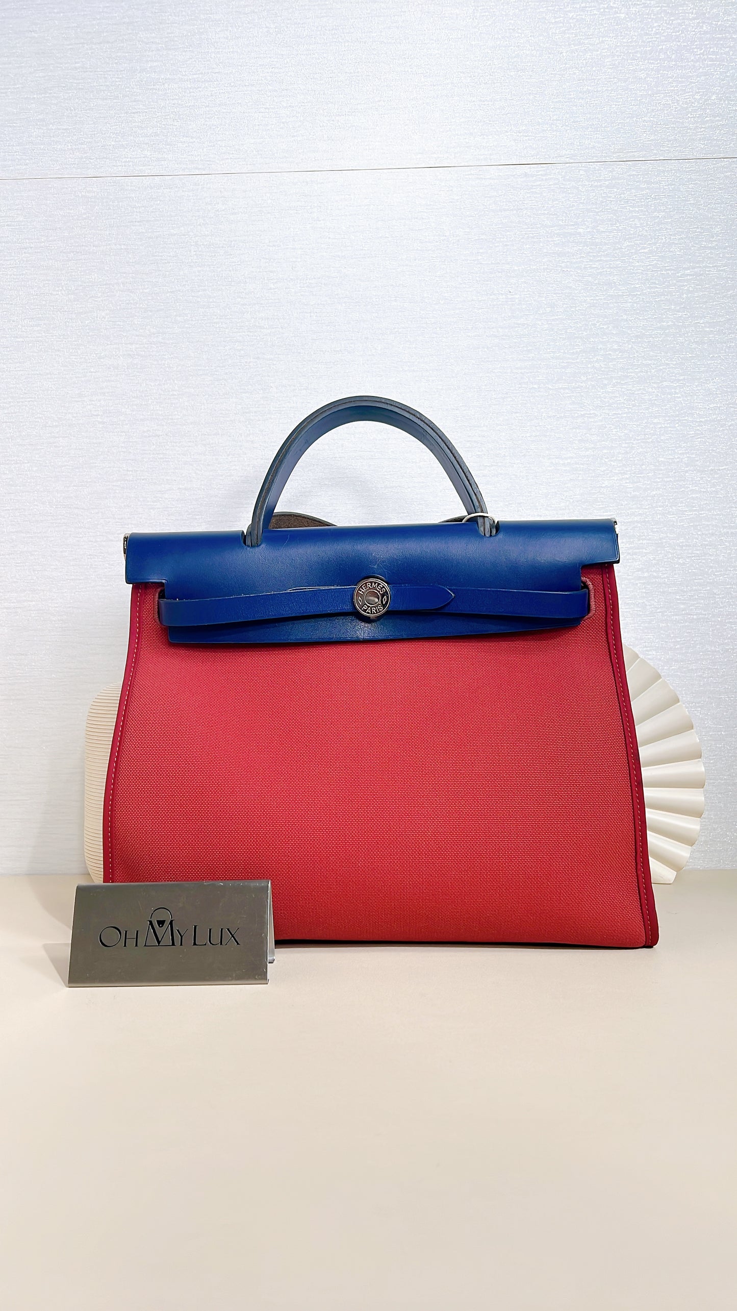 Hermes Herbag Zip 31 in Red Toile Canvas with Blue Leather Accents