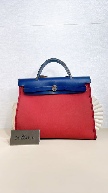 Hermes Herbag Zip 31 in Red Toile Canvas with Blue Leather Accents