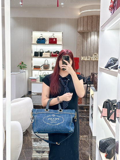 Prada Logo Jacquerd Blue Denim 2 Way Bag