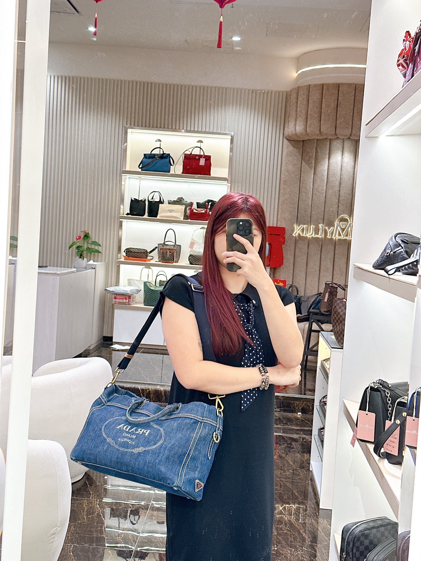Prada Logo Jacquerd Blue Denim 2 Way Bag