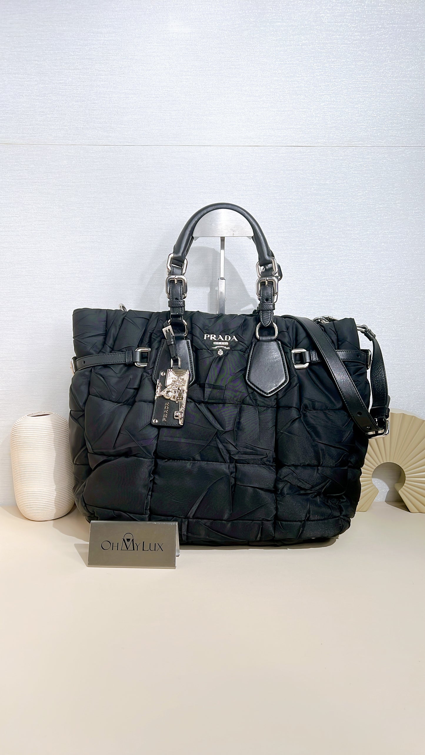 Prada Crispy Nylon Metal Shopping Tote in Black