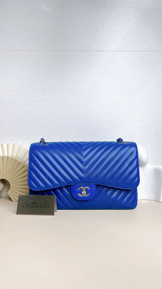 Chanel Classic Jumbo In Blue Chevron Caviar SHW