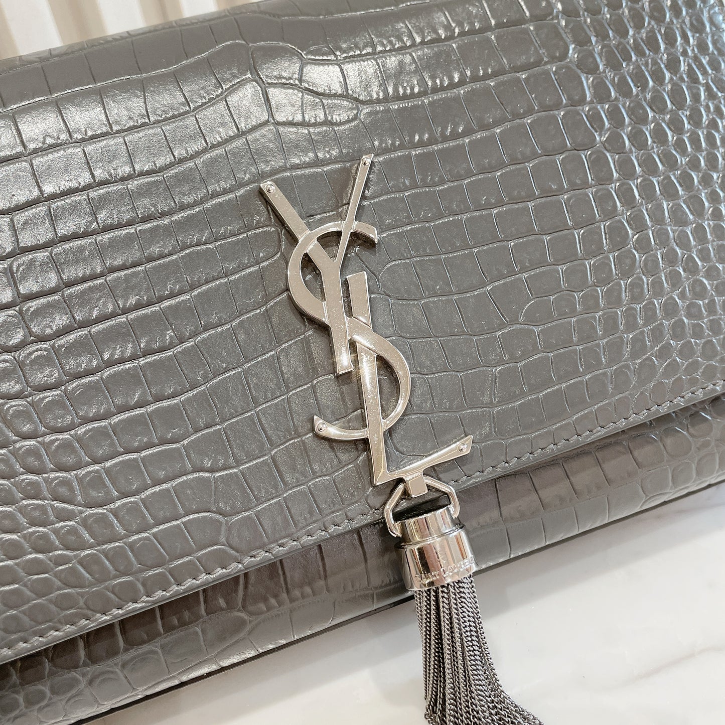YSL Medium Kate With Tassel in Grey SHW
