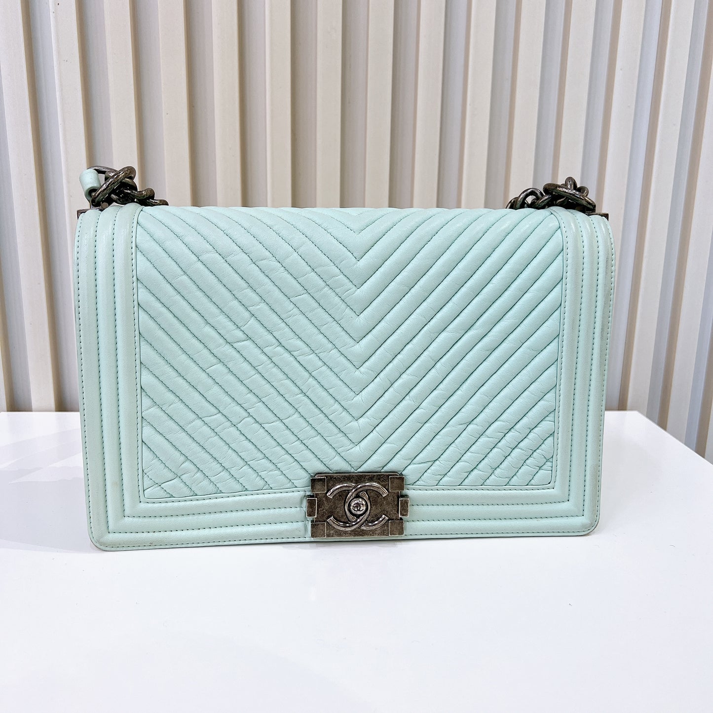Chanel Boy New Medium In Mint Blue