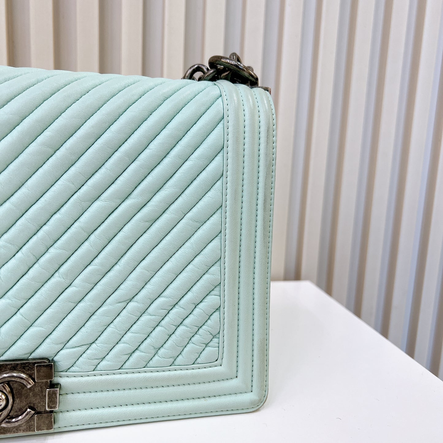 Chanel Boy New Medium In Mint Blue