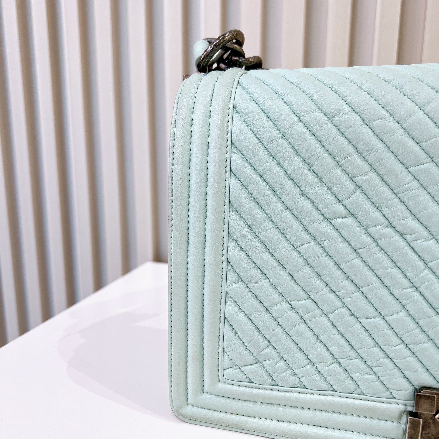 Chanel Boy New Medium In Mint Blue