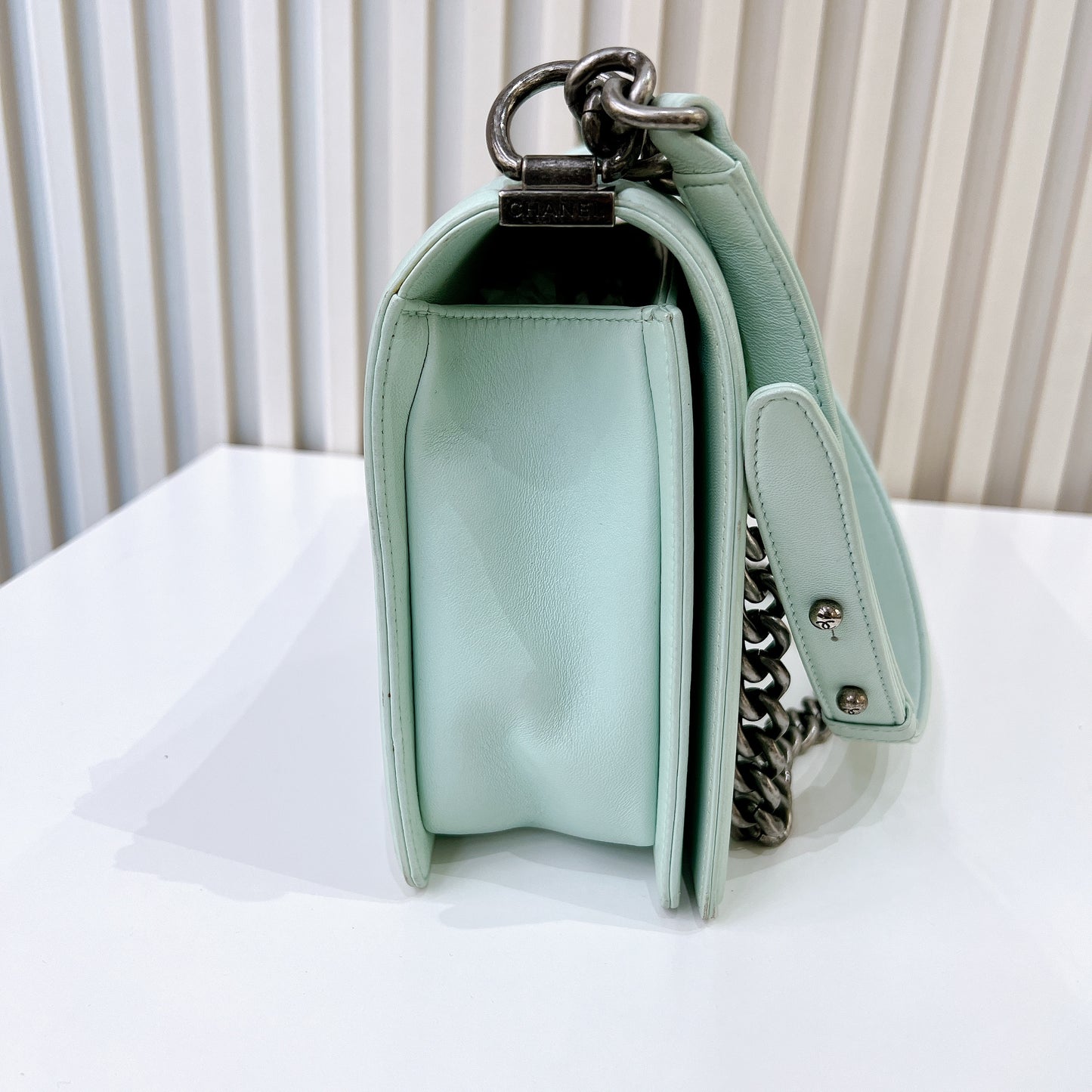 Chanel Boy New Medium In Mint Blue