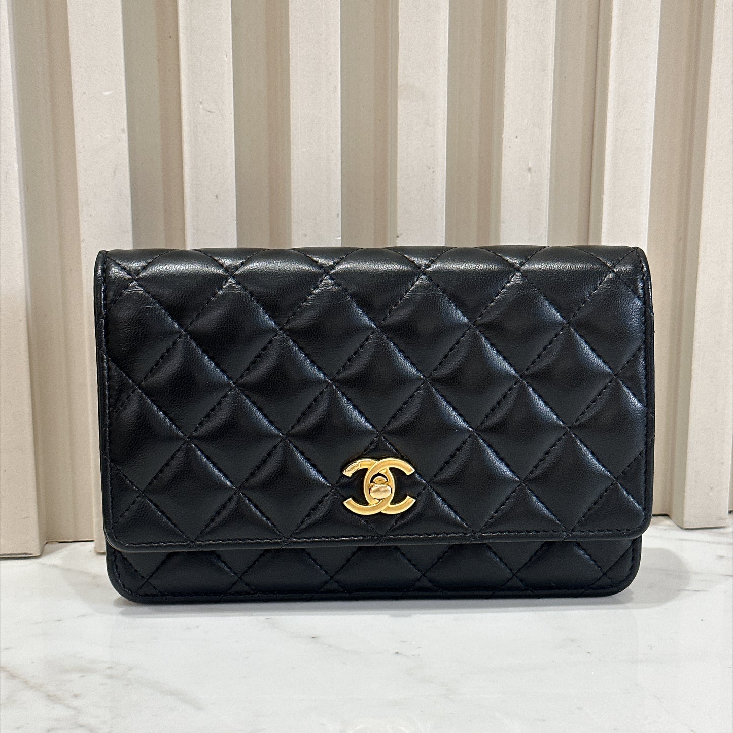 Chanel Turn Lock CC WOC Pearl Crush in Black GHW