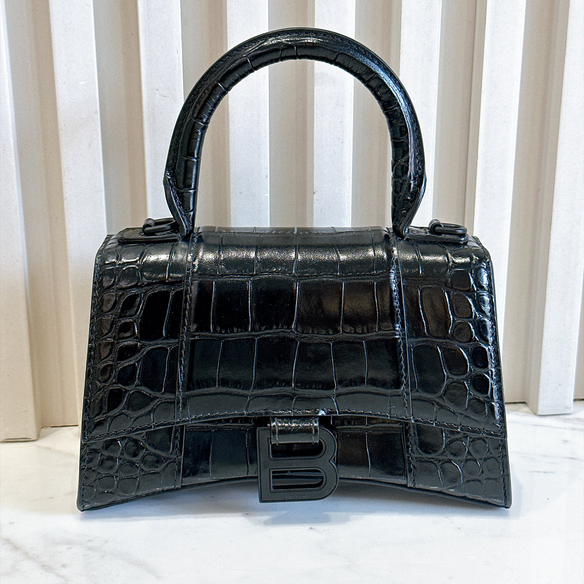 Balenciaga Hourglass XS in Black Crocodile Embossed