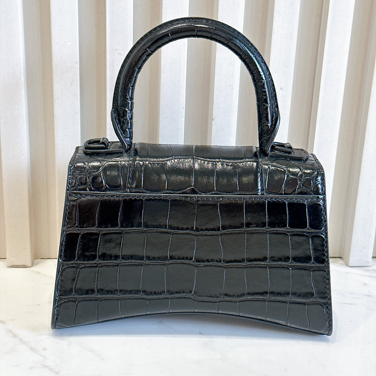 Balenciaga Hourglass XS in Black Crocodile Embossed