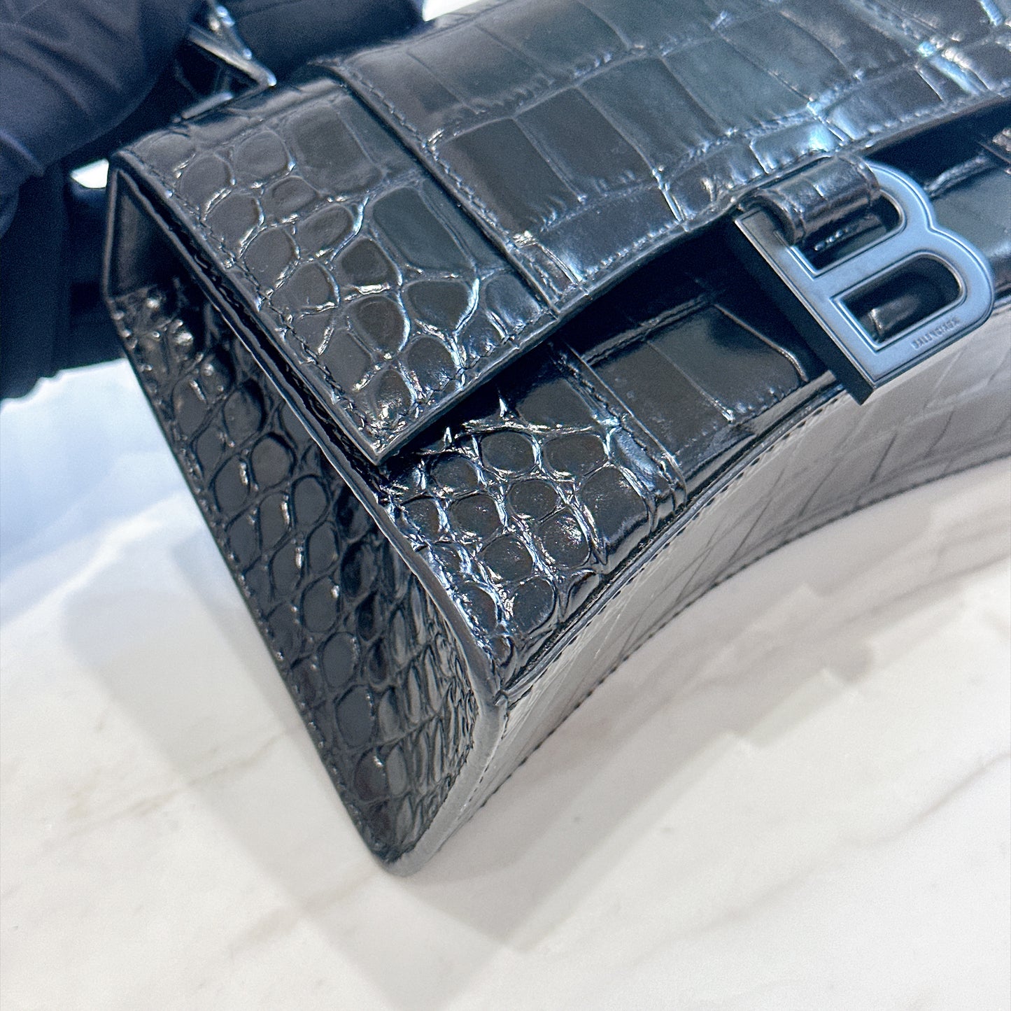 Balenciaga Hourglass XS in Black Crocodile Embossed