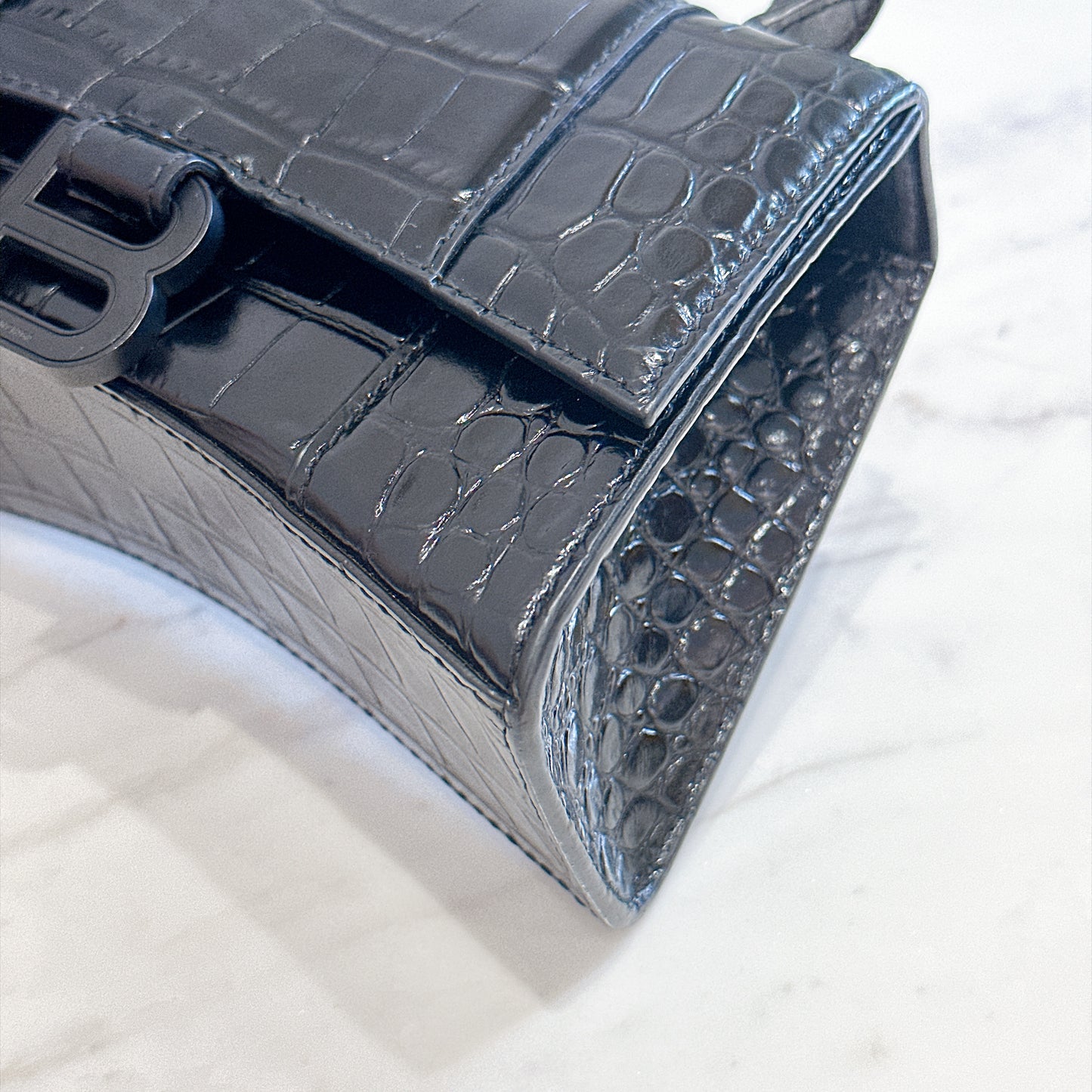 Balenciaga Hourglass XS in Black Crocodile Embossed