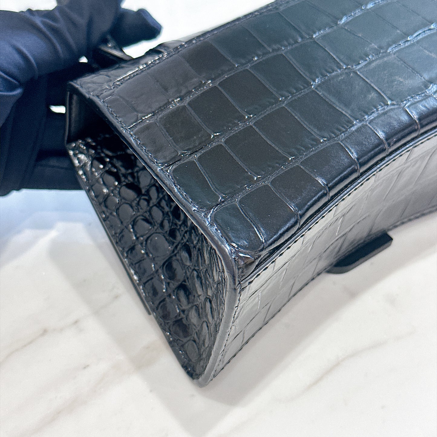 Balenciaga Hourglass XS in Black Crocodile Embossed