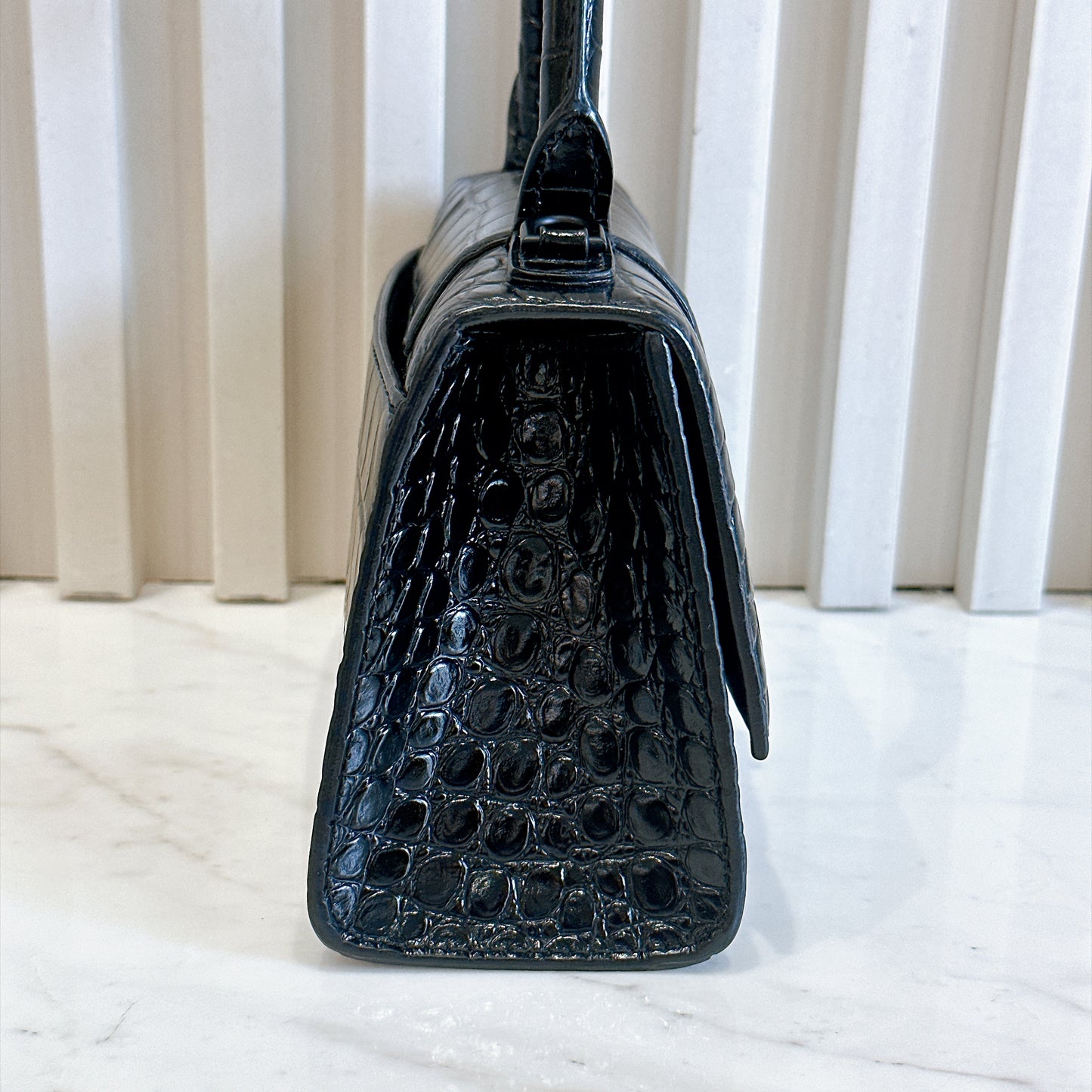 Balenciaga Hourglass XS in Black Crocodile Embossed