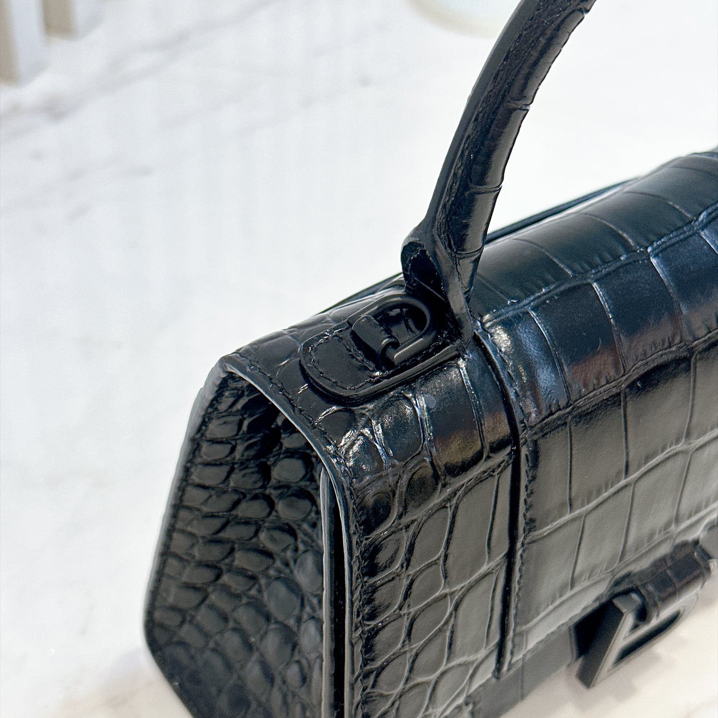 Balenciaga Hourglass XS in Black Crocodile Embossed